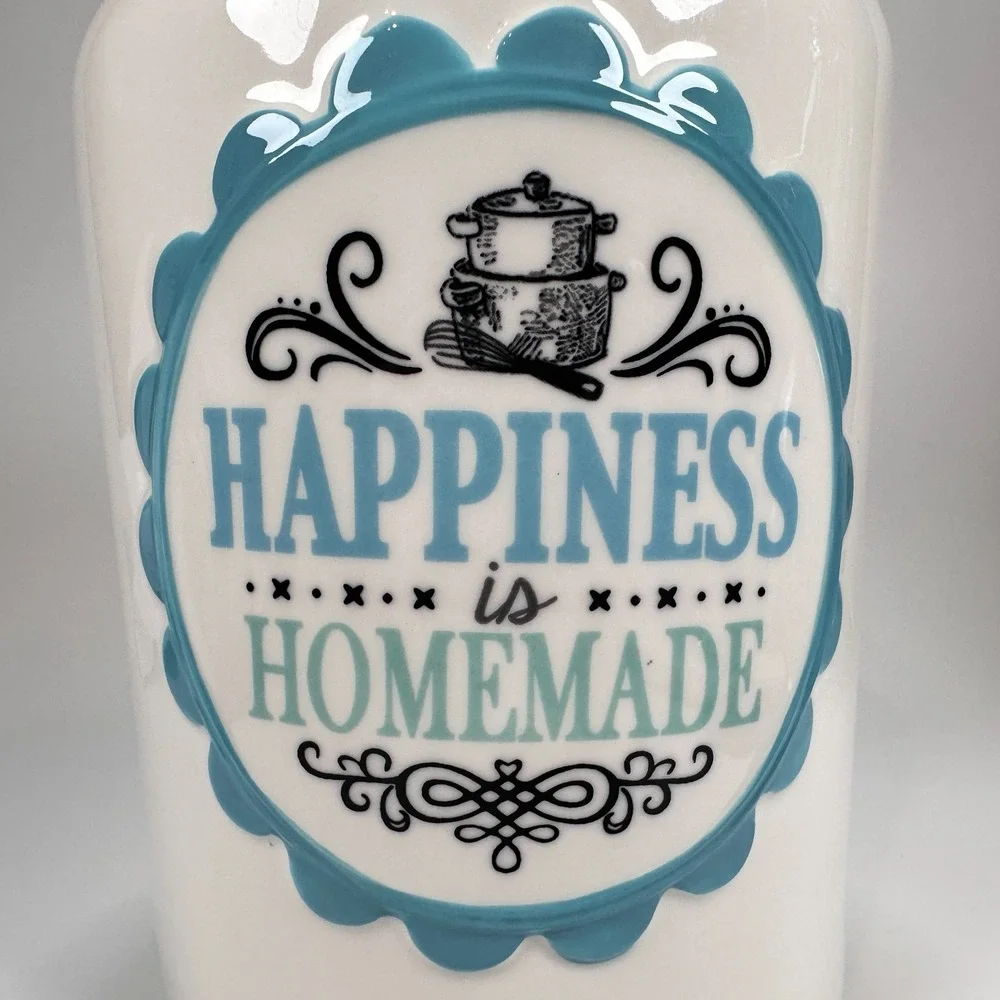 Cracker Barrel Cookie Jar 'Happiness is Homemade' Teal & White 8.5 x5.5